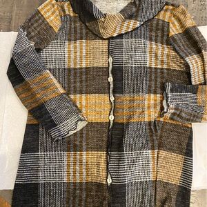 Women’s Plaid Tunic Button-Up in Mustard, Brown & Black